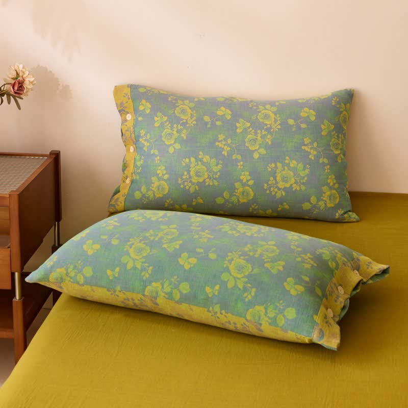 Green & Yellow Rose Cotton Gauze Bedding - image 8