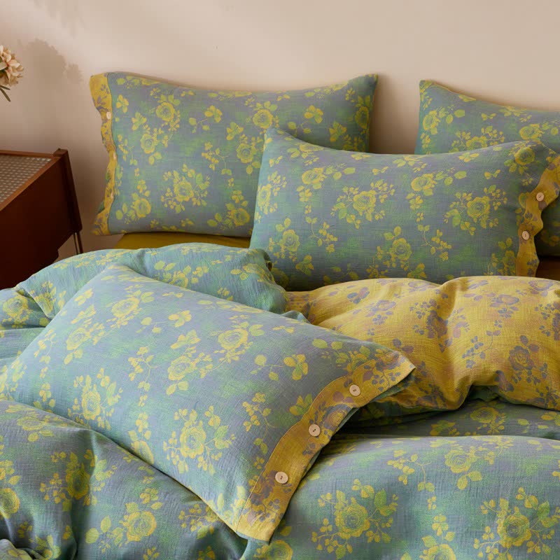 Green & Yellow Rose Cotton Gauze Bedding - image 7