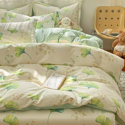 Fresh Green Ginkgo Leaf Cotton Bedding Set(4PCS) - image 2