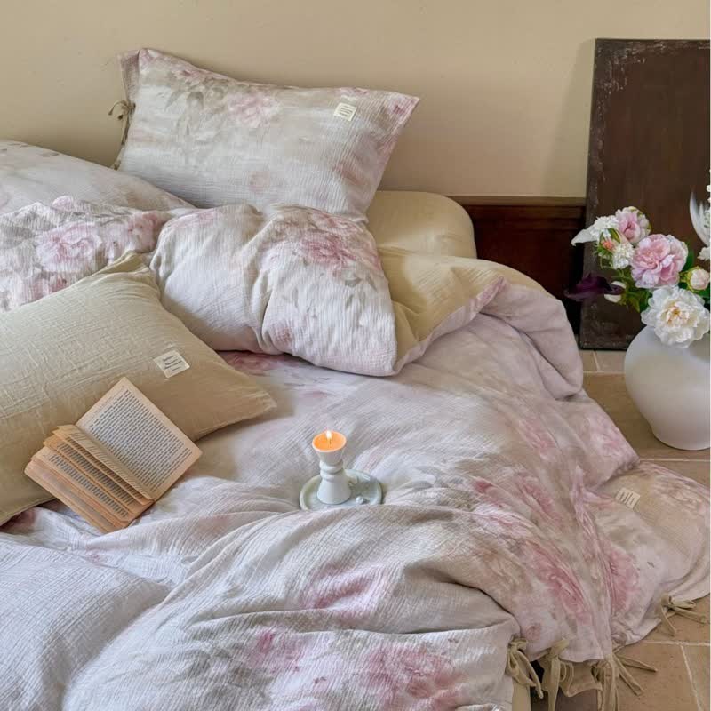 Elegant Peony Cotton Tie-Closure Bedding Set(4PCS) - image 1