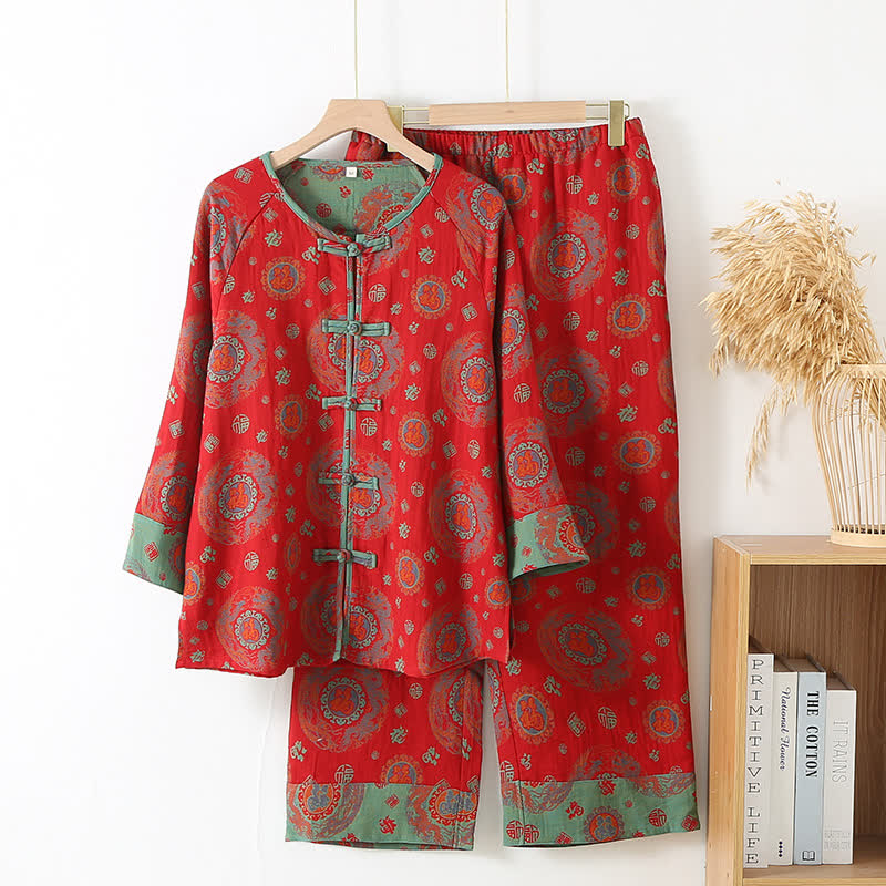 Oriental Circular Fu Motif Cotton Loungewear Set - Red - XL - image 0