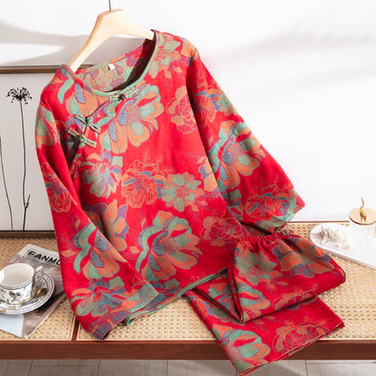 Red Oriental Floral Cotton Loungewear Set - Red - XL - image 0