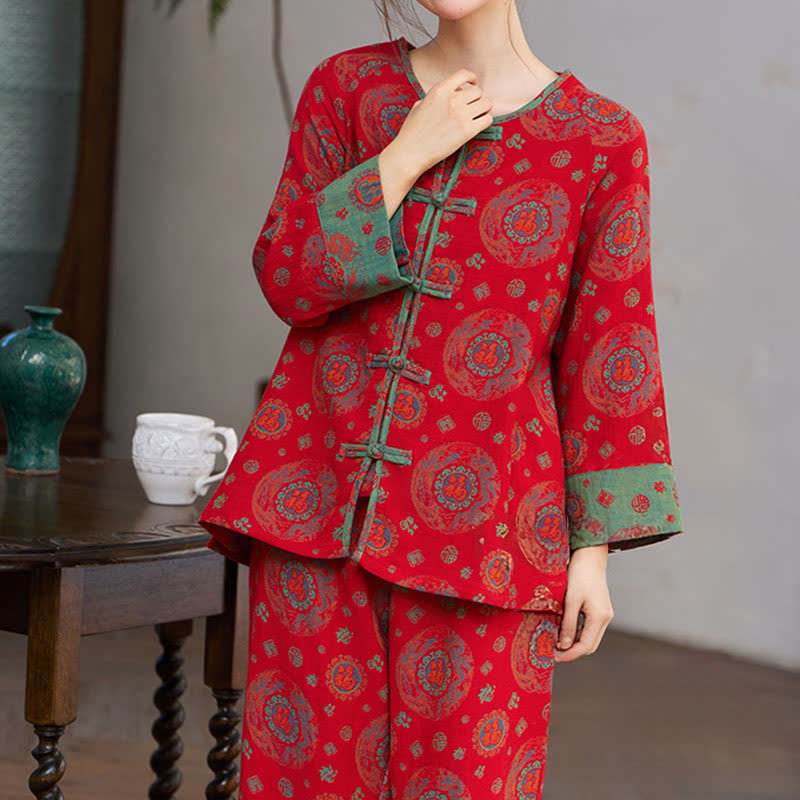 Oriental Circular Fu Motif Cotton Loungewear Set - image 1