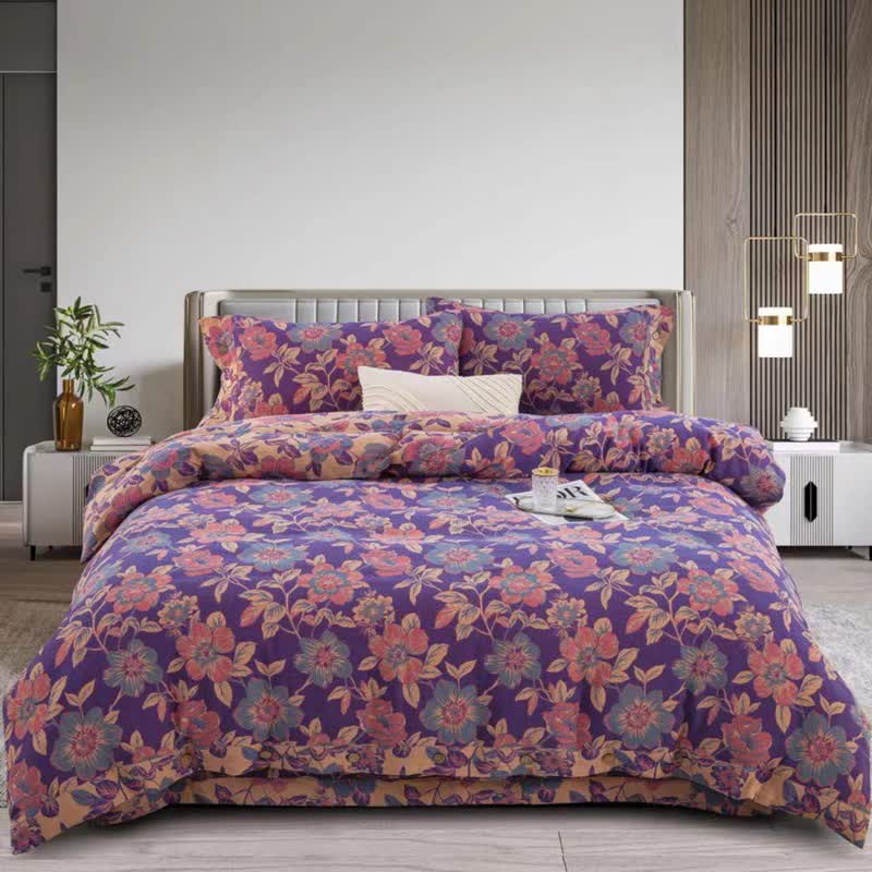 Purple Floral Double Gauze Cotton Bedding Set(4PCS) - Purple - King - image 0