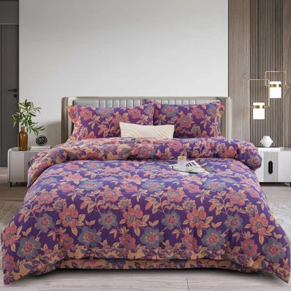 Purple Floral Double Gauze Cotton Bedding Set(4PCS) - Purple - King - image 0
