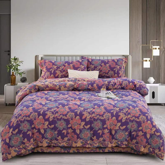 Purple Floral Double Gauze Cotton Bedding Set(4PCS) - Purple - King - image 0