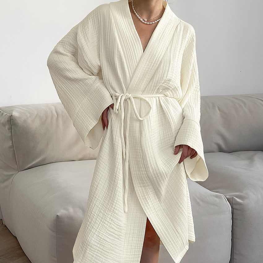 Beige Pure Cotton Kimono Robe - Beige - L - image 0