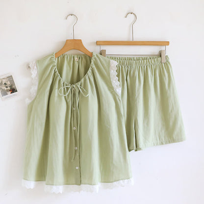 Solid Cotton Lace Trim Tank Pajamas - Green - XL - image 4