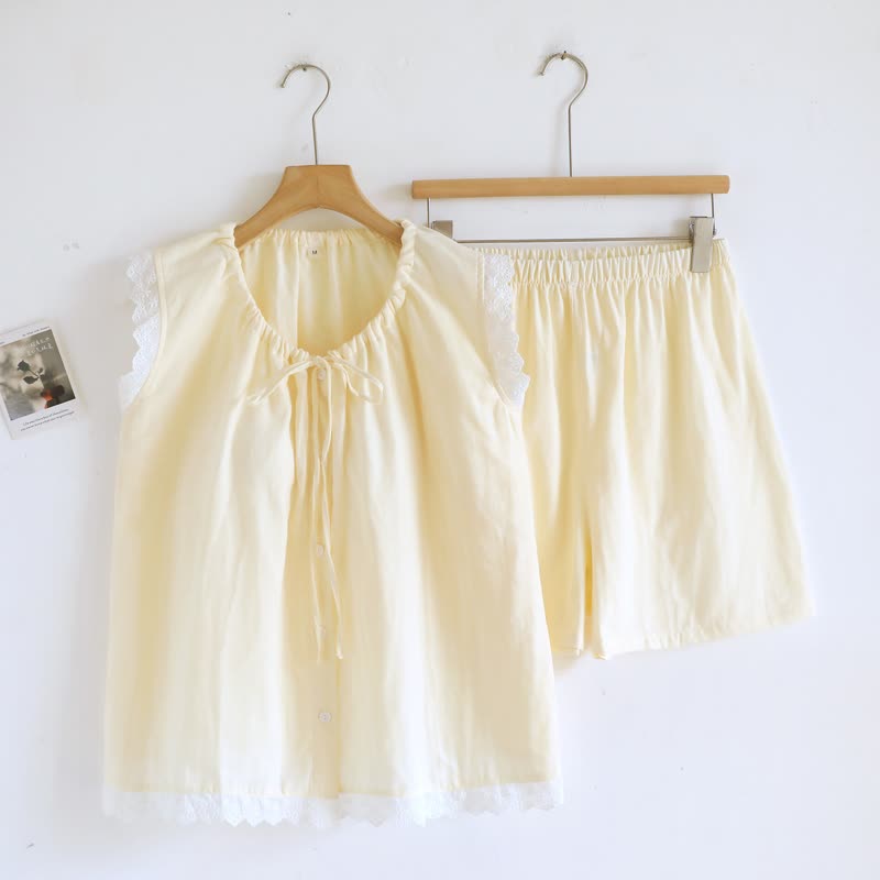 Solid Cotton Lace Trim Tank Pajamas - Beige - XL - image 22