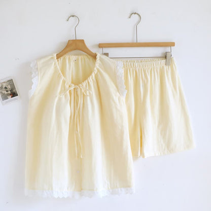 Solid Cotton Lace Trim Tank Pajamas - Beige - XL - image 22