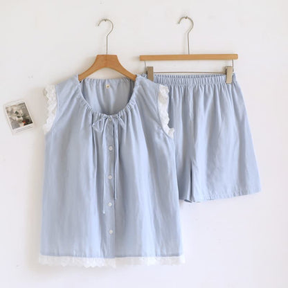 Solid Cotton Lace Trim Tank Pajamas - Blue - XL - image 6