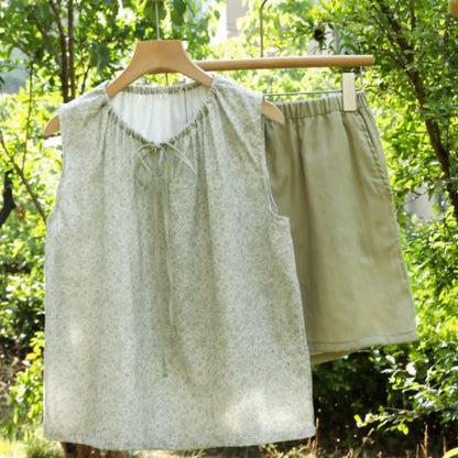 Ditsy Floral Cotton Tank & Shorts Pajama Set - Green - XL - image 16