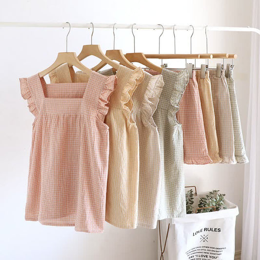 Cotton Gauze Plaid Flutter Sleeve Tank Pajamas - image 0