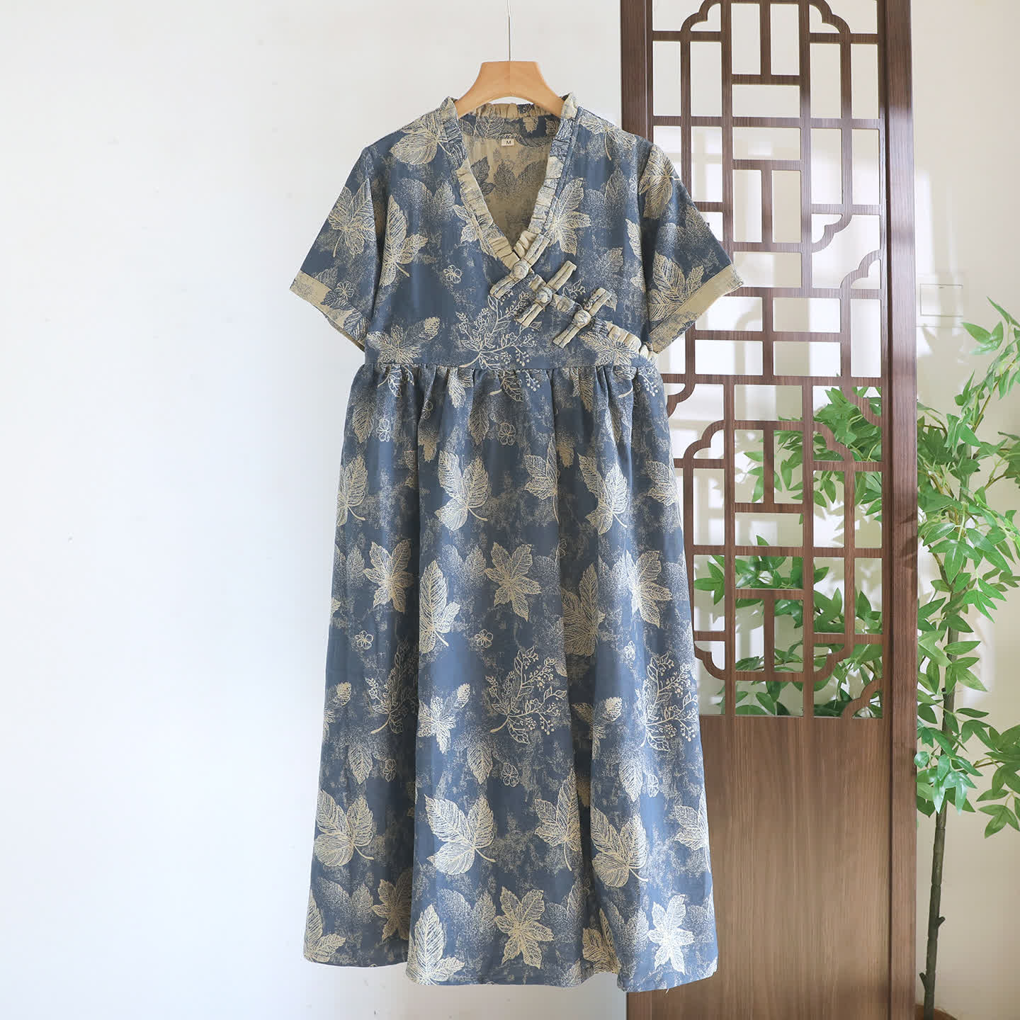 Oriental-Inspired Leaf Cotton Nightgown - Blue - XXL - image 0