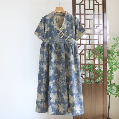 Oriental-Inspired Leaf Cotton Nightgown - Blue - XXL - image 0