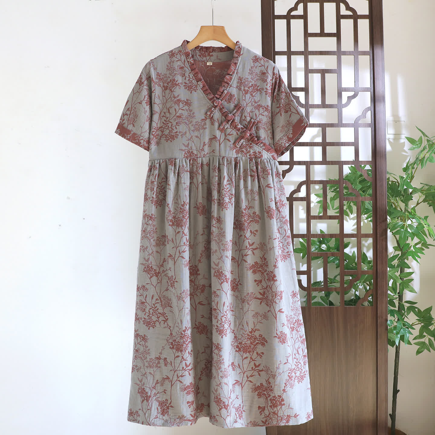 Oriental-Inspired Branch & Floral Cotton Nightgown -  Gray - XXL - image 0