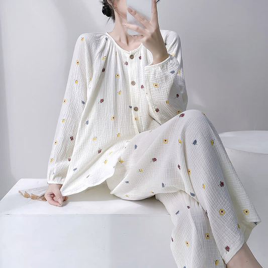 Ditsy Floral Double Gauze Cotton Loungewear Set - White - XXL - image 0