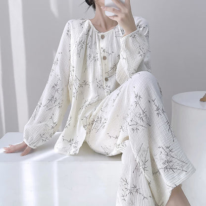 Bamboo Print Double Gauze Cotton Loungewear Set - White - XXL - image 0