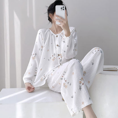 Rustic Floral Double Gauze Cotton Pajamas - White - XXL - image 0
