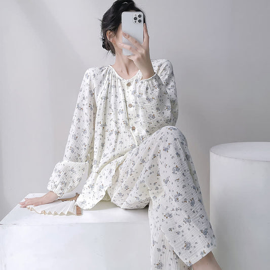 Gray Ditsy Floral Double Gauze Cotton Pajamas - White - XXL - image 0