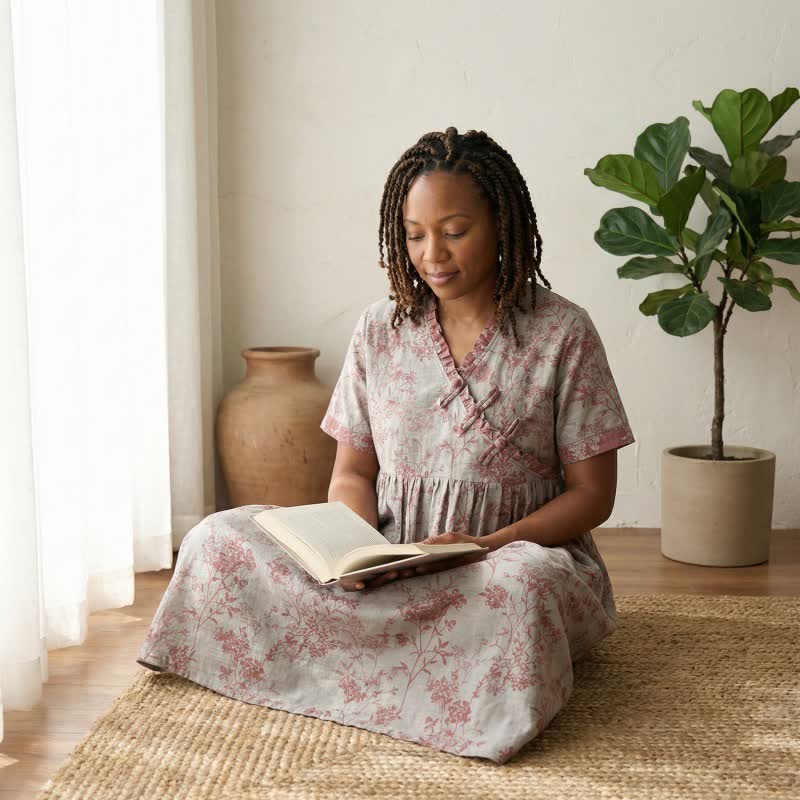 Oriental-Inspired Branch & Floral Cotton Nightgown - image 3