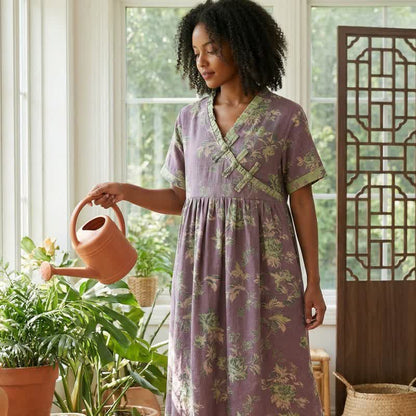 Oriental-inspired Peony & Leaf Cotton Nightgown - image 3