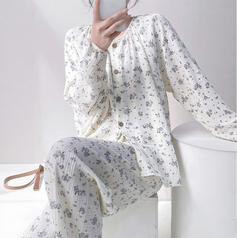 Gray Ditsy Floral Double Gauze Cotton Pajamas - image 2