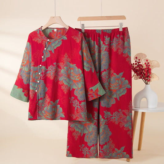 Vintage Oriental Peony Cotton Pajama Set - Red - XL - image 0