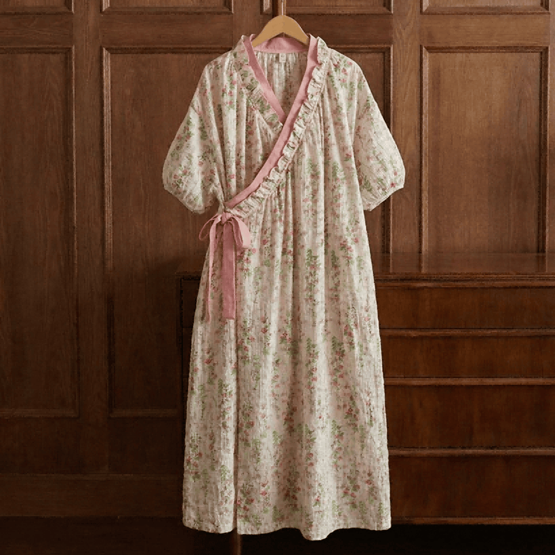 Elegant Floral Print Tie-Back Nightgown with Pocket - image 0