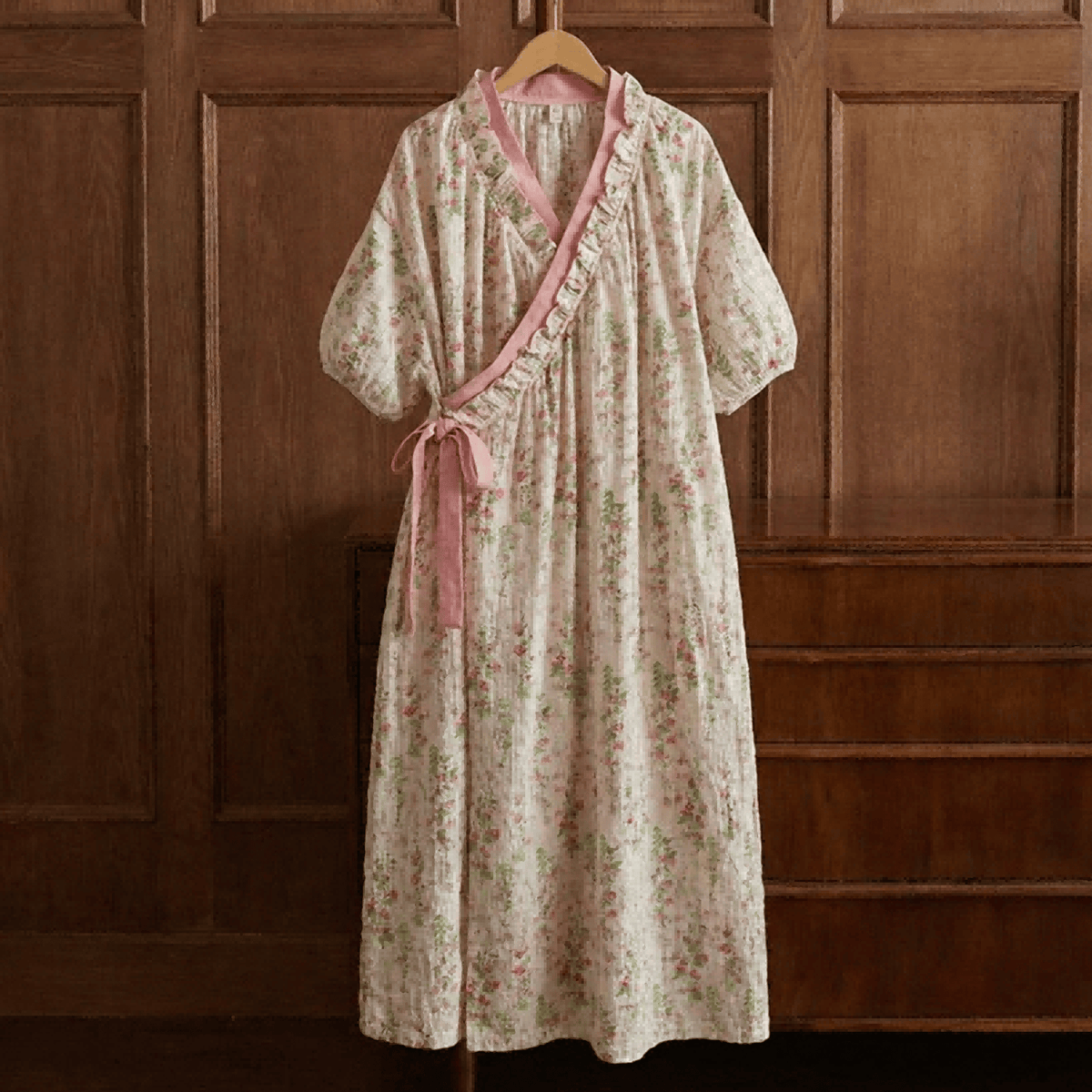 Elegant Floral Print Tie-Back Nightgown with Pocket - image 0