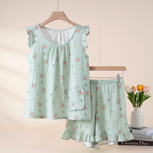 Floral Cotton Gauze Flutter Sleeve Pajama Set - Green - XL - image 0