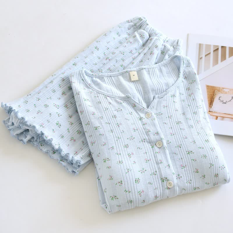 Pastoral Floral Cotton Jacquard Pajama Set - Blue - XL - image 9