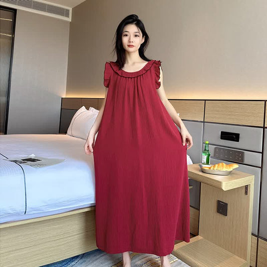 Plus Size Minimalist Cotton Ruffle Sleeveless Nightgown - Wine - 5XL - image 0