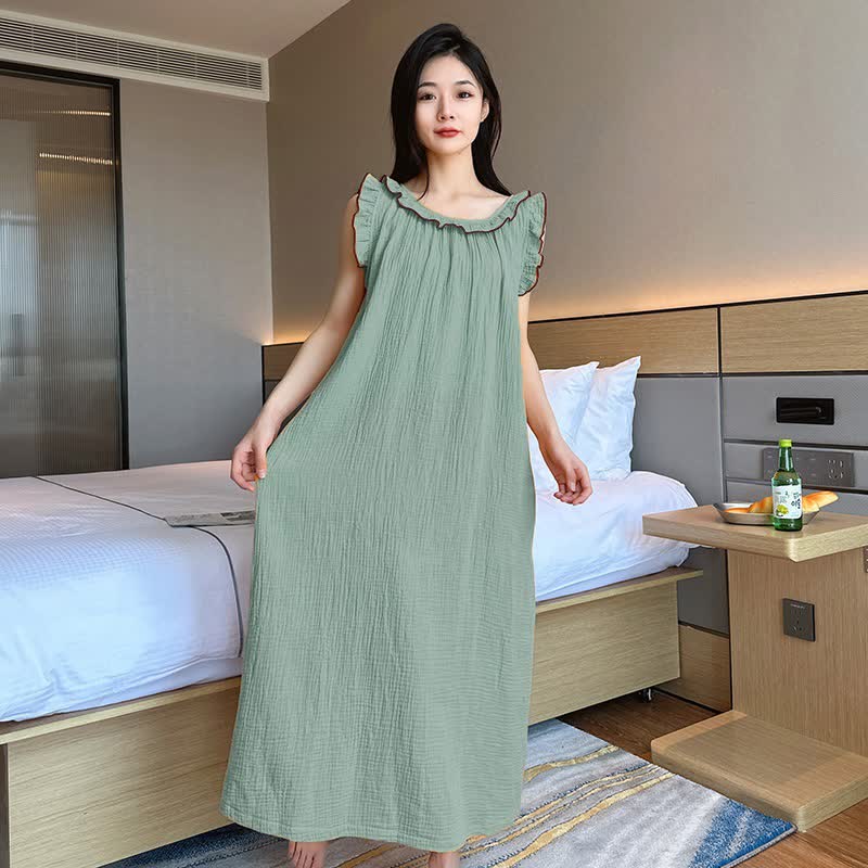 Ownkoti Plus Size Minimalist Cotton Ruffle Sleeveless Nightgown - Green - 5XL - image 28