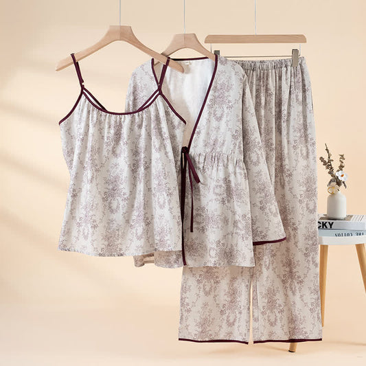 Botanical Print Cotton Loungewear Set(3PCS) - Purple - XL - image 0