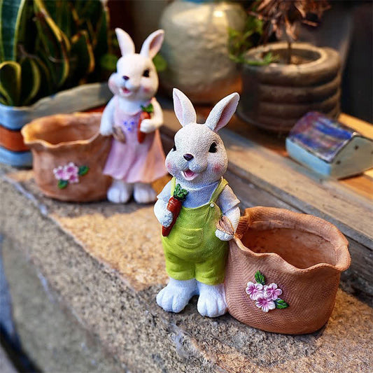 Resin Bunny Garden Succulent Planter Pot - Set (1 x Female White Rabbit & 1 x Male White Rabbit) - 2PCS - 8"H - image 0