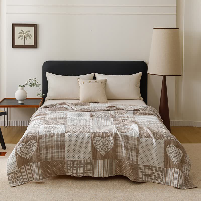 Patchwork Style Heart Cotton Gauze Quilt Blanket - Coffee - Queen - image 8