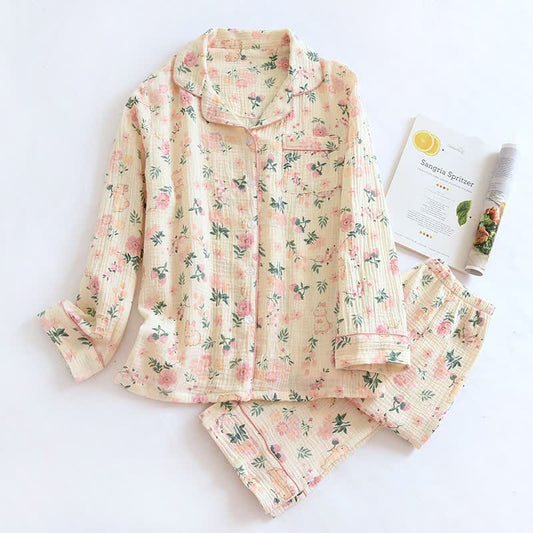 Pink Floral & Bunny Cotton Gauze Pajamas - Beige - XL - image 0