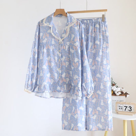 Bunny & Bow Cotton Gauze Pajama Set - Blue - XL - image 0