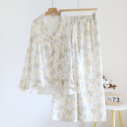 Bunny & Floral Cotton Gauze Pajama Set - Beige - XL - image 0