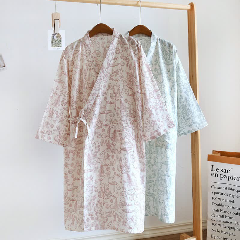 Mushroom & Bunny Cotton Gauze Kimono Robe - image 0