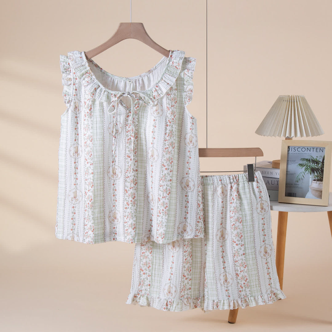 Floral Striped Bunny Cotton Gauze Pajamas - Green - XL - image 0