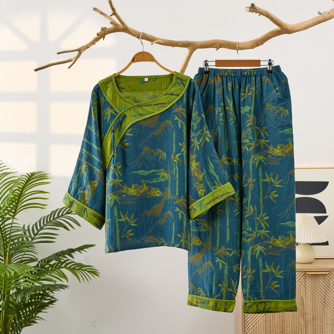 Bamboo Oriental Tassel Cotton Pajama Set - Blue - 2XL - image 0