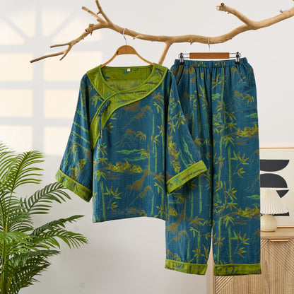 Bamboo Oriental Tassel Cotton Pajama Set - Blue - 2XL - image 0