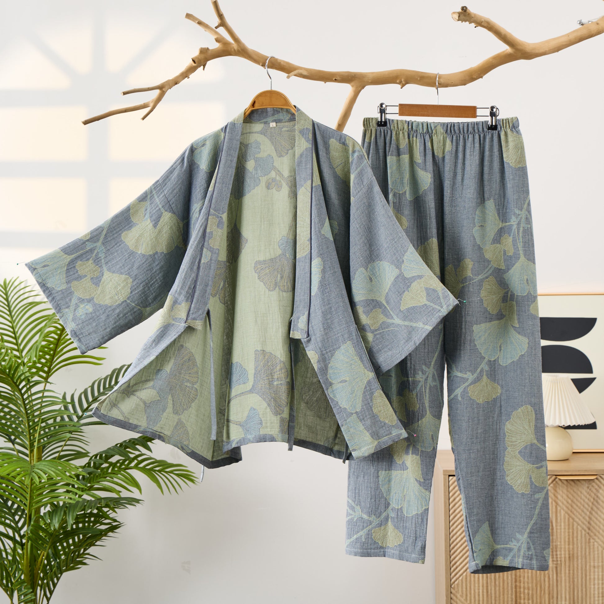 Ginkgo Leaf Organic Cotton Kimono Loungewear - Light Blue - XL - image 1