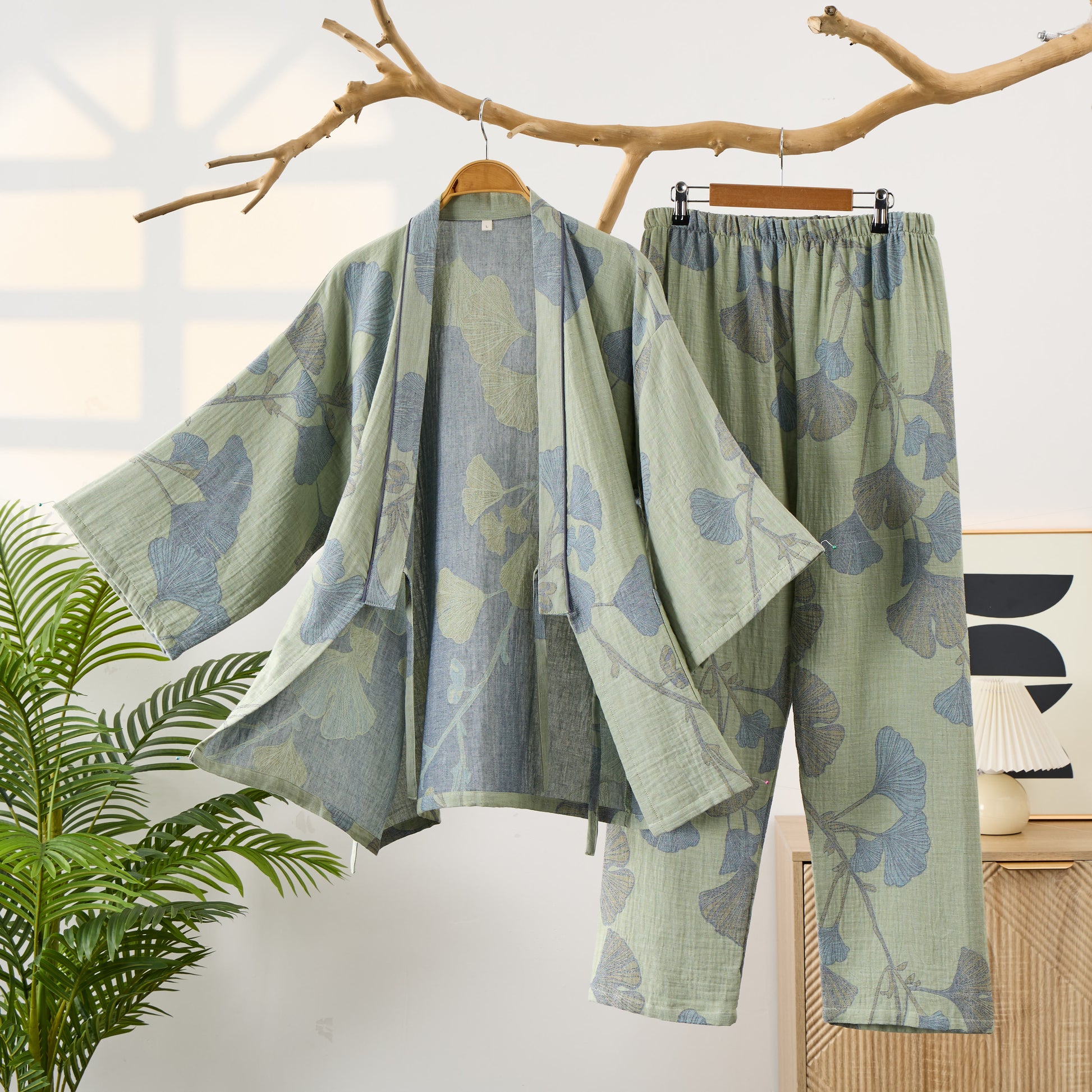 Ginkgo Leaf Organic Cotton Kimono Loungewear - Green - XL - image 0