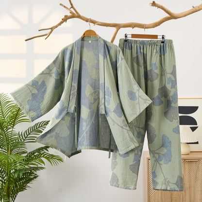 Ginkgo Leaf Organic Cotton Kimono Loungewear - Green - XL - image 0