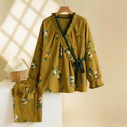 Ruffled Neck Green Floral Pajama Set - Green - XL - image 0