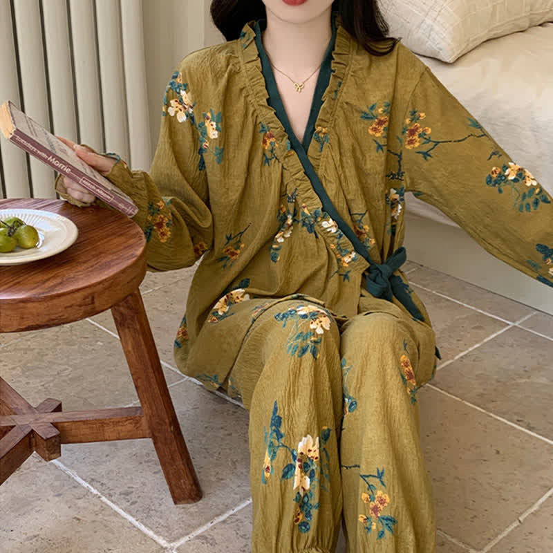 Ruffled Neck Green Floral Pajama Set - image 3