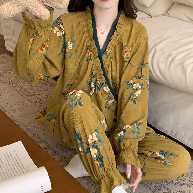 Ruffled Neck Green Floral Pajama Set - image 4